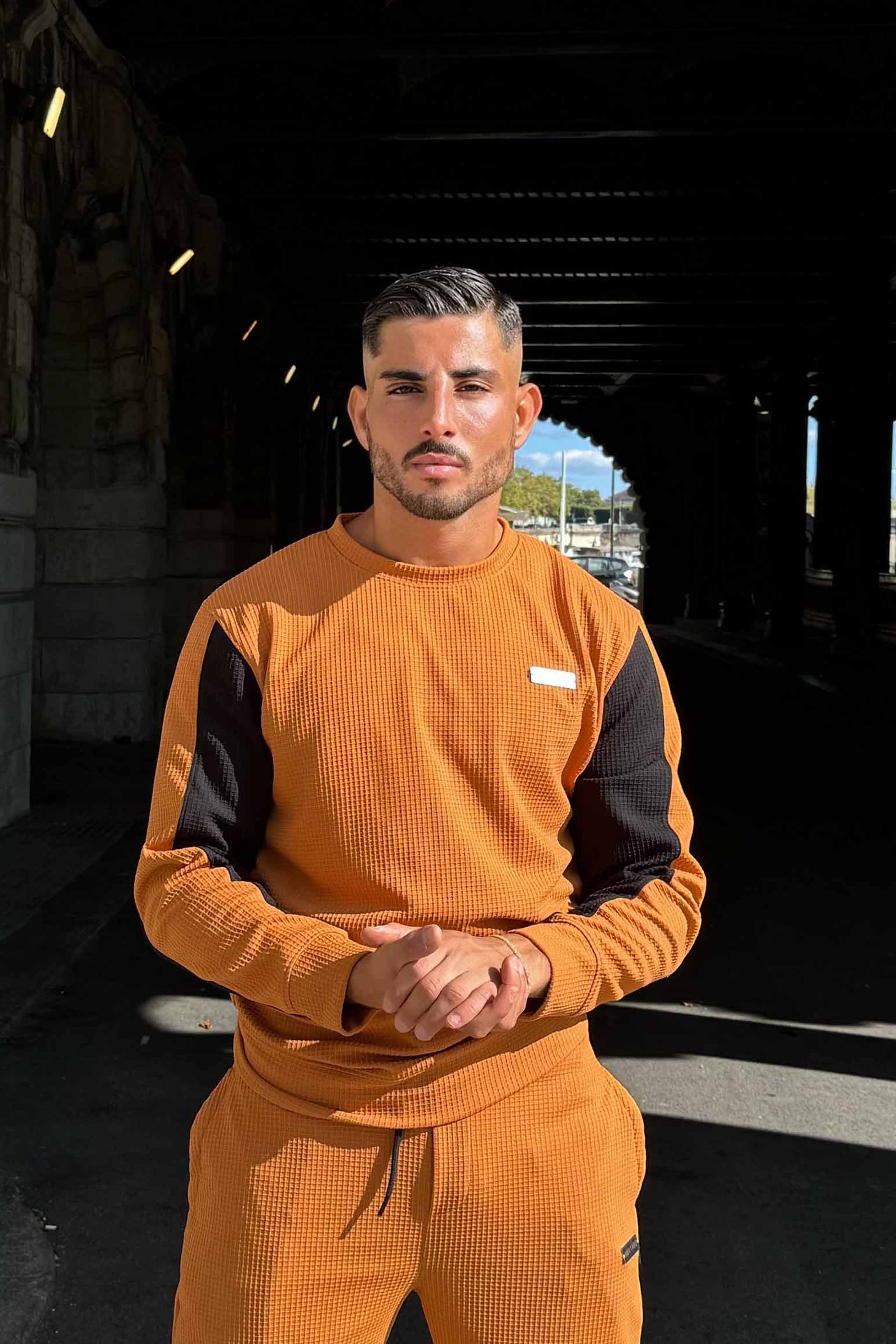 Tan Textured Metal Slogan Slim Fit Tracksuit