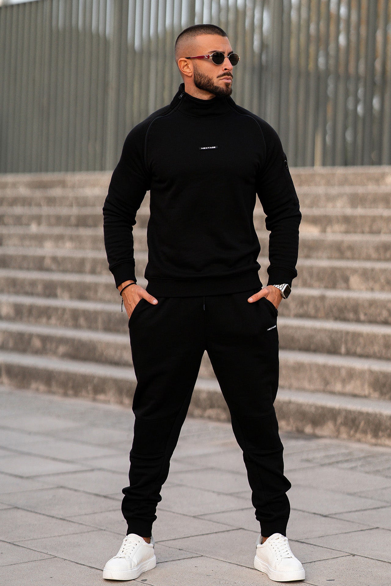 Black Zipper Detail Cotton Fleece Tracksuit