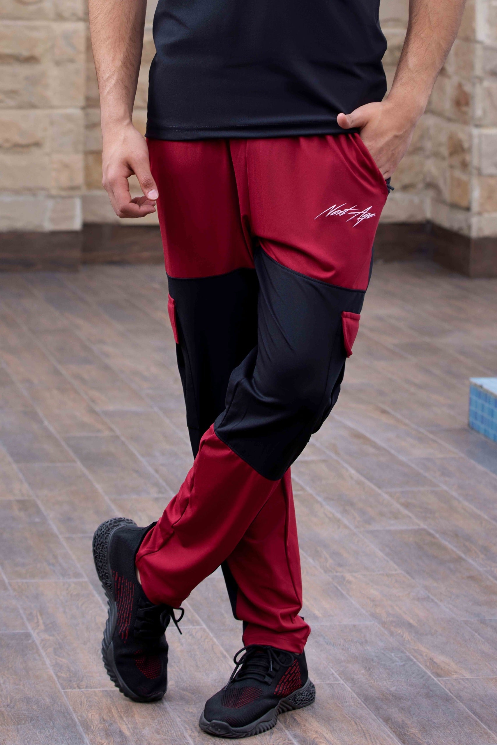 Super Stretch Maroon Black Cargo Trouser