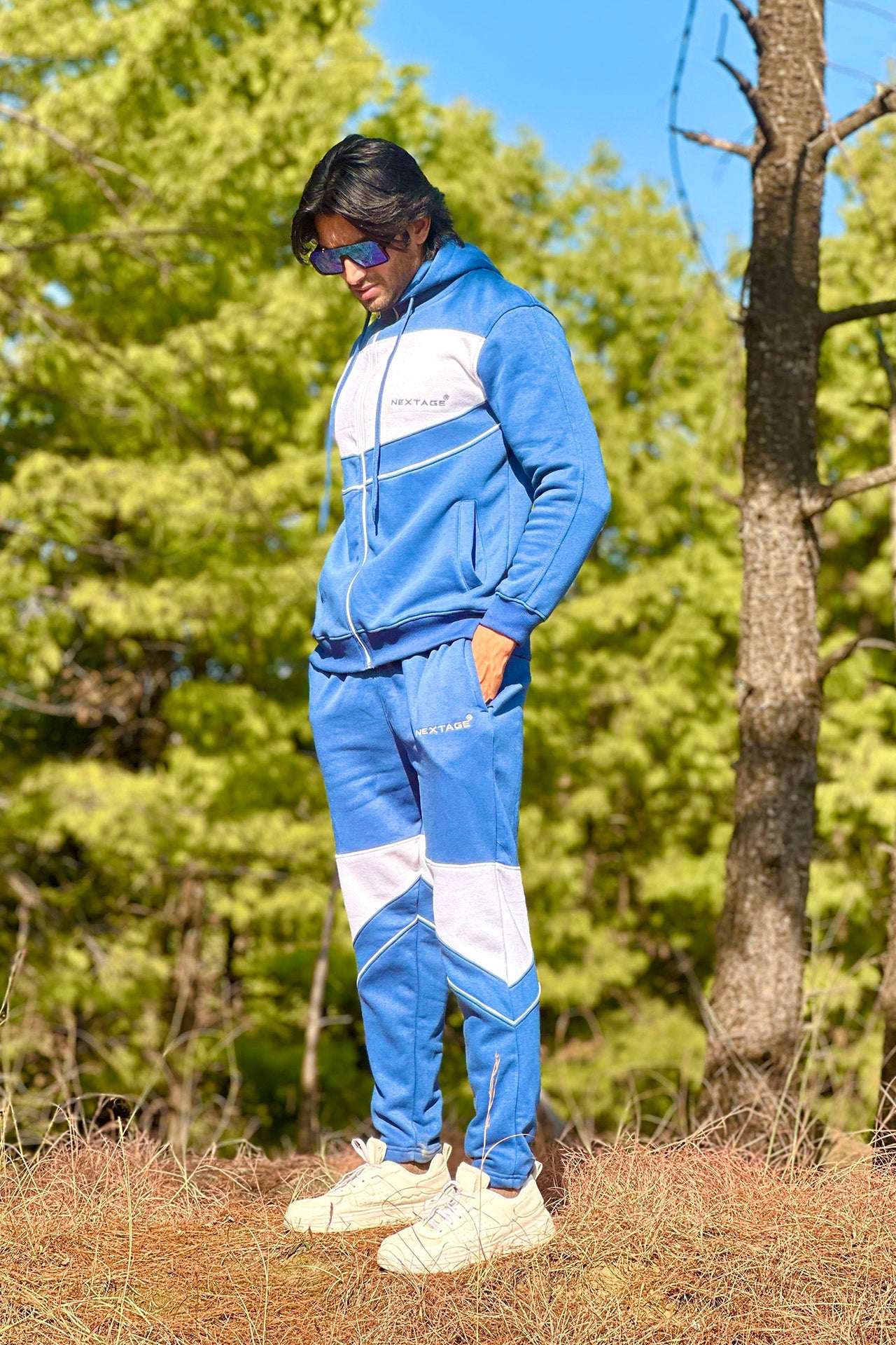 Blue Piping Detail Hooded Fleece Tracksuit