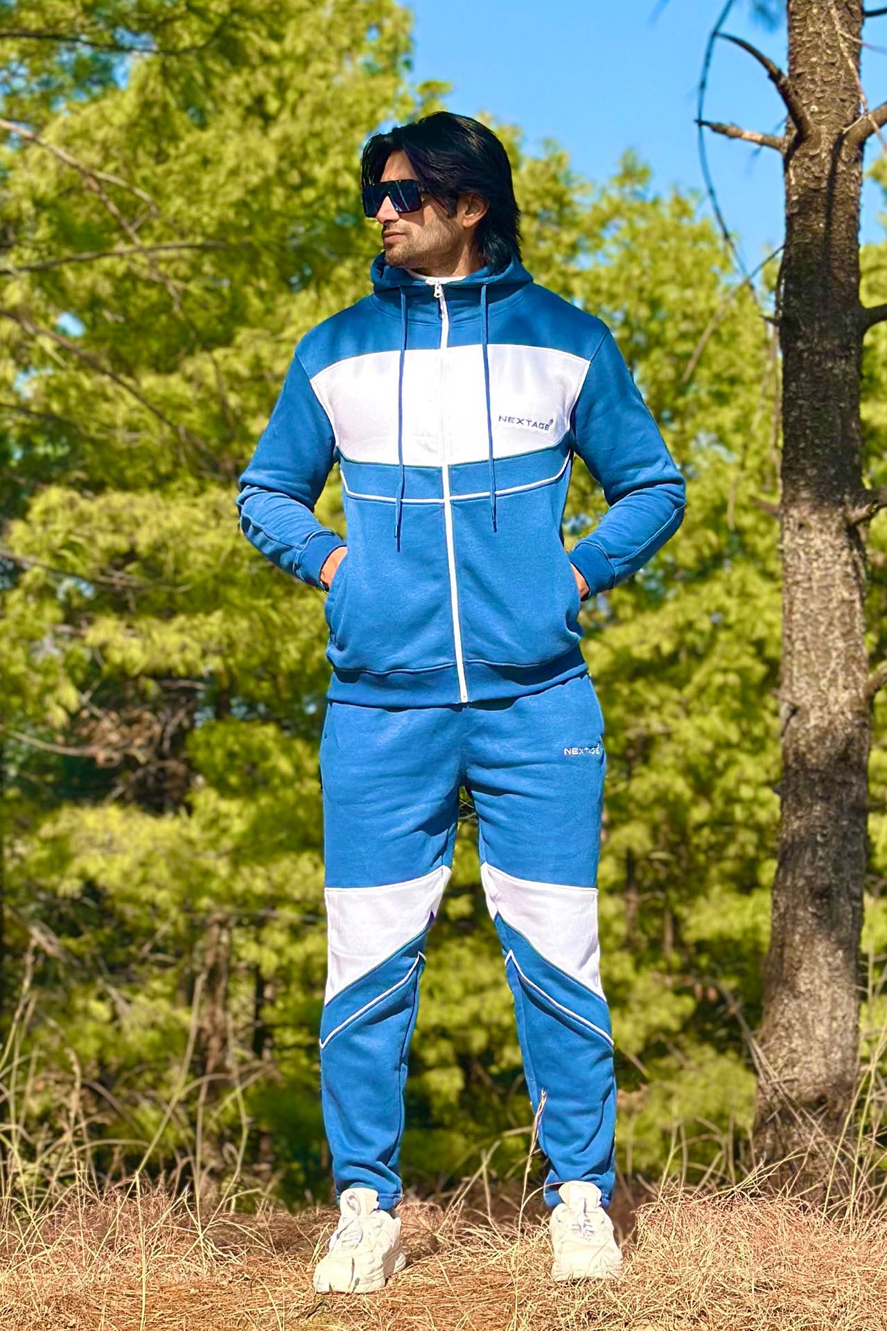 Blue Piping Detail Hooded Fleece Tracksuit