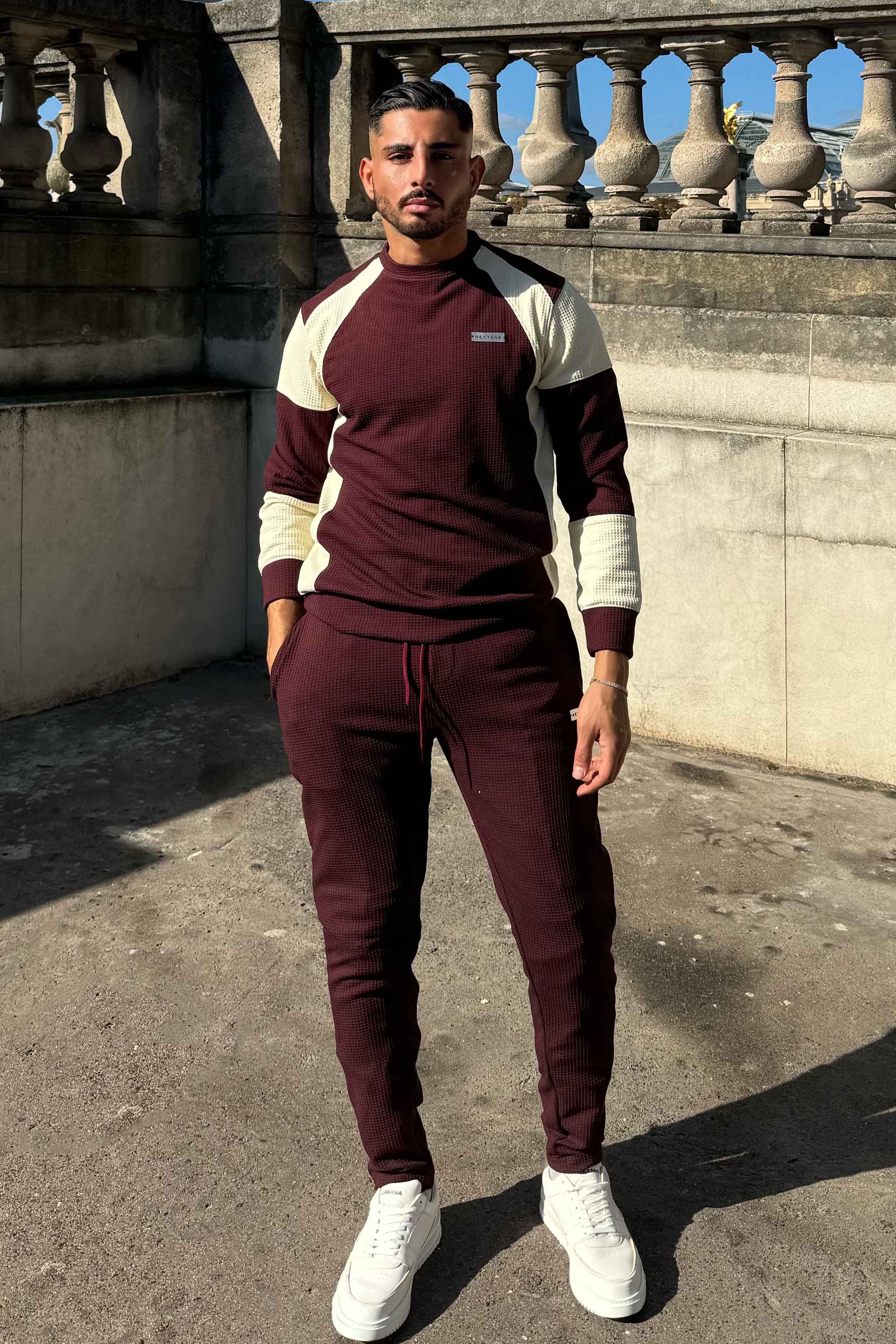 Wine Textured Metal Slogan Slim Fit Tracksuit